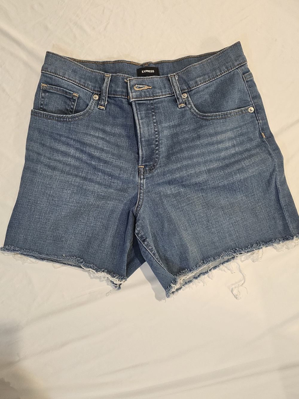 Express Mid Blue Frayed Hem Denim Shorts